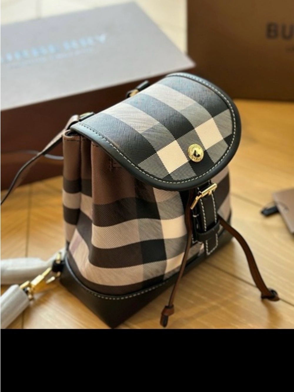 Burberry Mini Check Drawstring Crossbody in Brown, Black and White